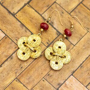Vintage Gold Tone Faux Ryo Coins Red Bead Dangle Earrings | H32